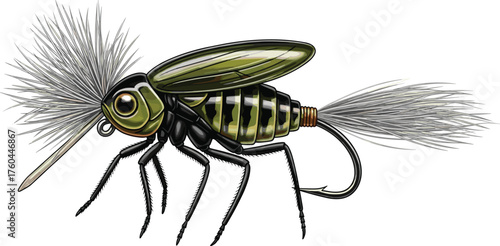 Artificial Insect Lure Ready for Fly Fishing in Freshwater Stream, Detailed Realistic Illustration for Angling, Nature, Wildlife Conservation, Fisherman's Gear, Recreation, River Sports, Vintage-Style