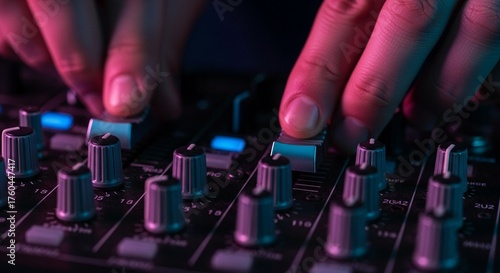 Close-up of fingers adjusting knobs on a soundboard with blue and pink lighting in a dark setting.