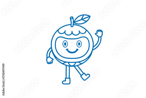 Blue citrus character happily waves, standing on two legs in a cheerful mood