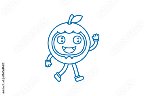 Animated blue tangerine character smiling and waving, walking forward cheerfully on a white backdrop