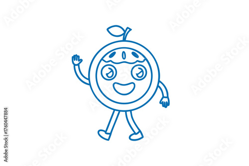 Blue outlined cartoon fruit character with leaf and smile is walking happily