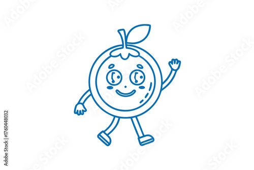 Animated citrus mascot with cheerful expression happily waves and walks confidently on a white background