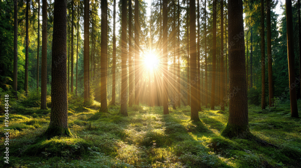 Fototapeta premium Golden sunlight through trees creates warm, serene atmosphere in lush forest