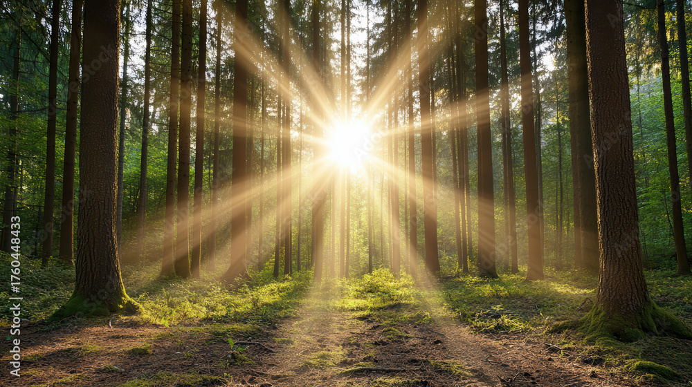 Fototapeta premium Golden sunlight through trees creates warm, serene atmosphere in forest