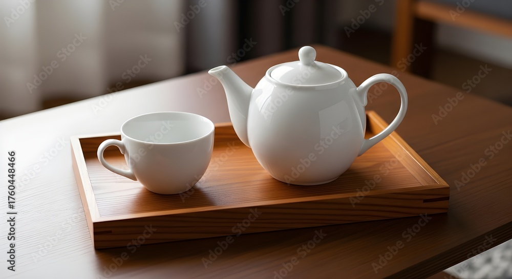 Fototapeta premium White ceramic teapot and cup on a sleek wooden serving tray