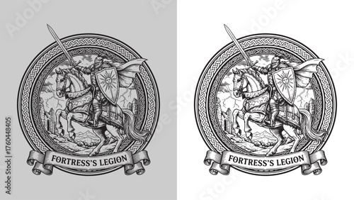 Medieval Cavalry Knight on War Horse with Sun Shield and Castle Ruins