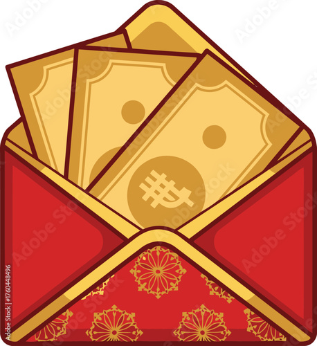 A red envelope with gold trim is overflowing with several golden banknotes, symbolizing wealth and prosperity.