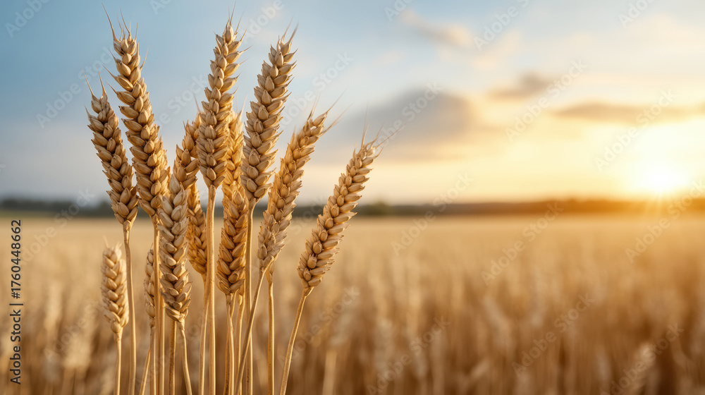 Fototapeta premium Golden wheat field glowing under sunset, peaceful harvest scene