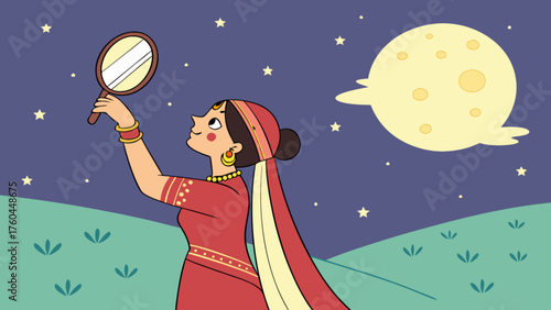 Illustration of a woman observing karwa chauth fast by looking at the moon through a sieve, symbolizing love, devotion, and marital bliss