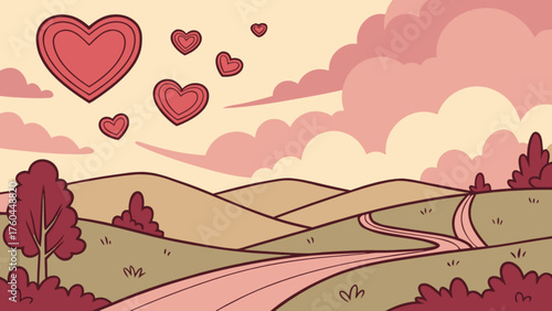 A lovely landscape with a road leading into the distance, hearts floating in the sky, and pink clouds above, creating a romantic and dreamy atmosphere
