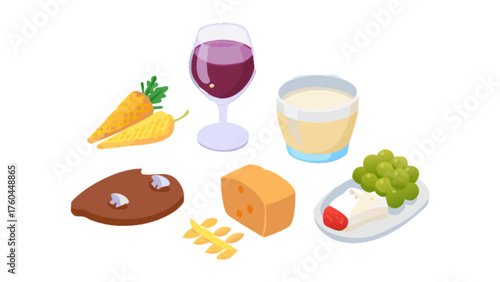 Isometric food set carrot, wine, milk, meat, cheese, wheat, and grapes healthy eating and balanced diet concept illustration