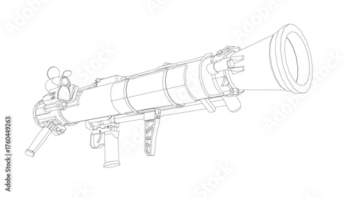 Handheld grenade launcher contour drawing in black and white, featuring detailed components and clean white background. The weapon is rendered with precise line work.