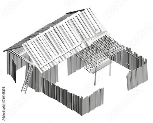Polygonal wooden barn model with pitched roof and ladder stands on a white background. Construction tools and an old fence surround the unfinished structure. Isometric view. 3D