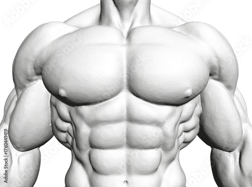 Polygonal bodybuilder torso in black and white, showcasing an athletic physique through geometric shapes.