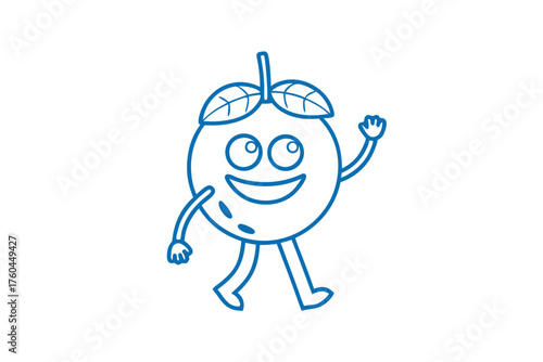 Cartoon tangerine character with big eyes cheerfully waves while walking forward on a white background