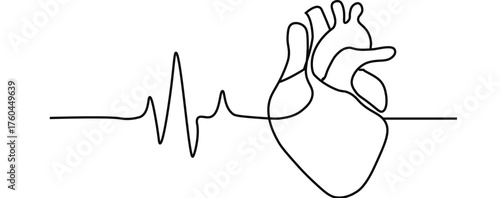 Continuous line drawing of a heart with integrated ECG, healthcare, continuous line art

