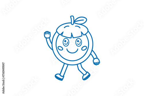 Blue outlined cartoon apricot with human features cheerfully waving and walking forward smiles
