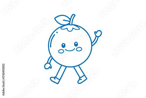 Blue outline shows a happy orange fruit waving while walking happily forward