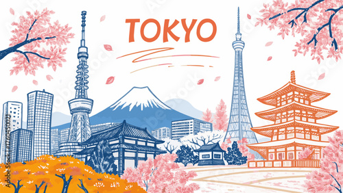 Tokyo Skyline with Mount Fuji, Tokyo Tower, Skytree and Shibuya Crossing – Cultural Urban Landscape for Japan Tourism, Travel Poster, Editorial and Commercial Use