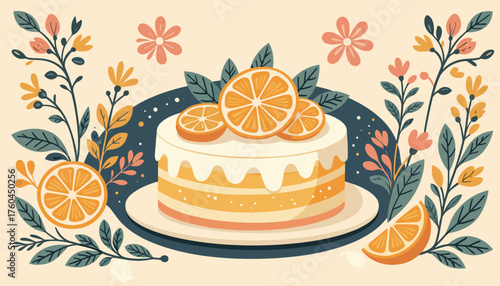 Decorative cake with dried orange slices and herbs on a floral background