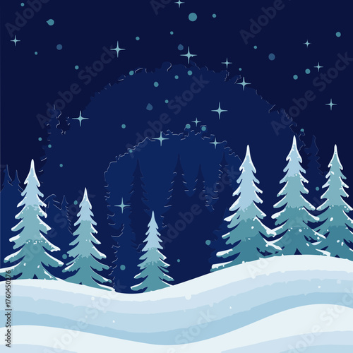 Winter night forest scene with snowy trees and a starry sky. Silhouette of evergreen trees covered in snow at night, with snowy hills in the foreground, under a starry night sky.