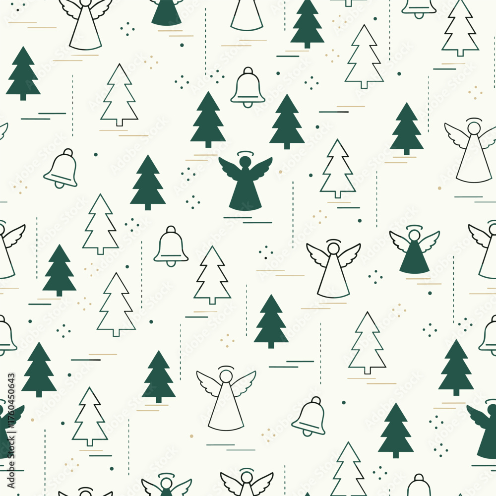 Obraz premium Christmas Tree Pattern Vector. Seamless Christmas Tree Pattern with Angel and Bell. Holiday spirit seamless pattern Background.