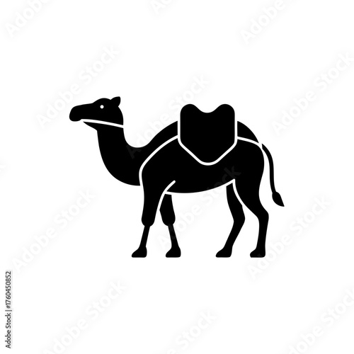 Silhouette of a camel with a saddle on its back on transparent background