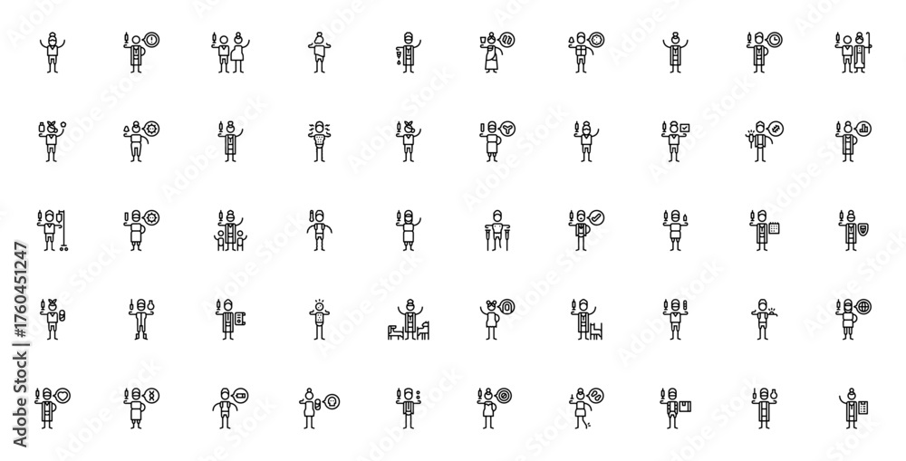 Fototapeta premium Vaccination icon set. Medical vector illustrations. eatures nurse, doctor, vacine, virus, antibodies, boster, side effects and mor. Editable stroke.