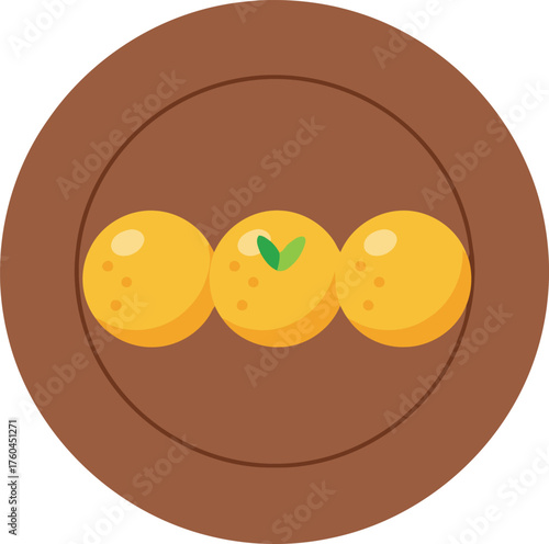 Three golden yellow ladoos with a green leaf on top, arranged in a row on a brown plate.