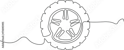 One line outline of the wheel.
Car wheel vector icon in one continuous line.