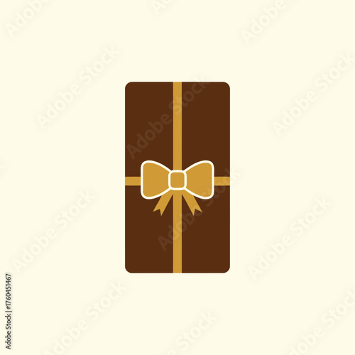 A rectangular gift box wrapped in brown paper with a golden bow and ribbon.