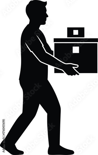 Silhouette of a man carrying a box, delivery or moving service