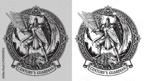 Winged Seraph Knight with Sword and Shield Standing on Fallen Beast