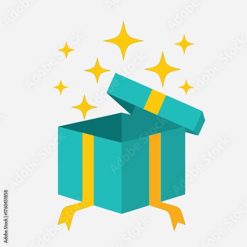 Flat vector illustration of an open turquoise gift box with yellow ribbons and magical sparkling stars emerging.