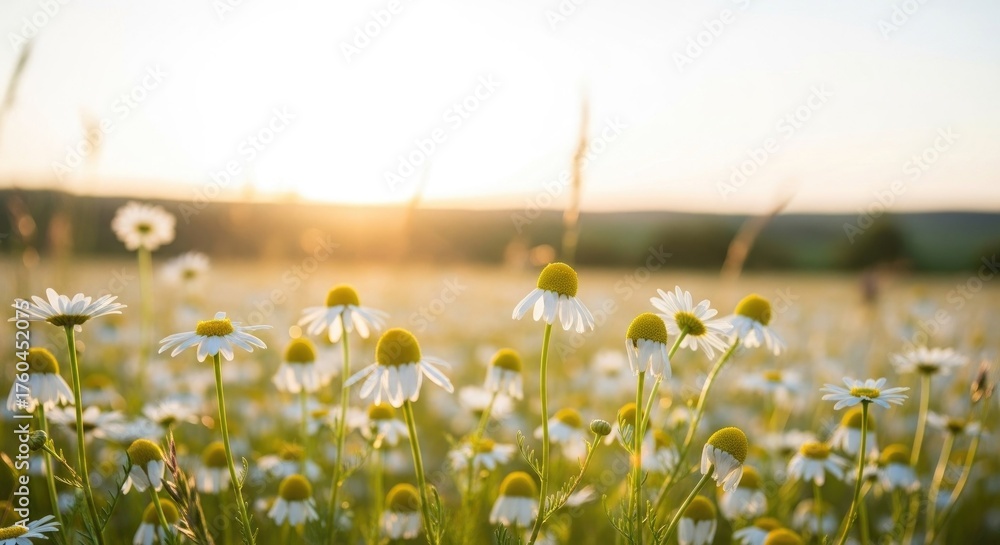 Fototapeta premium Gorgeous banner with chamomile flowers. Daisy blooms in sun flares in a spring or summertime landscape. Soft focus. with a copy space. close-up. Little Flowers of Chamomile 