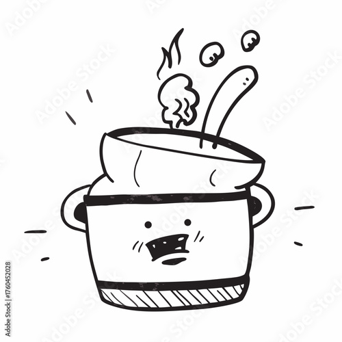 Cartoon cooking pot with steam and a surprised expression  
