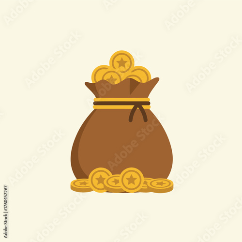 A brown money bag overflowing with gold coins, symbolizing wealth and financial success.