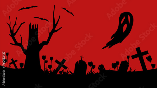 Haunted cemetery landscape with tombstones full of ghosts. Background silhouette of scary phantom spirit ghost in the graveyard. Vector illustration for Halloween event celebration with flat style
