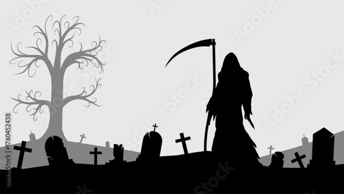 Grim reaper in the cemetery landscape illustration full of tombstone. Background silhouette of angel of death in the graveyard. Vector illustration for Halloween event celebration with flat style