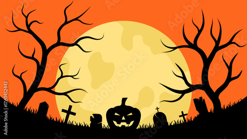 Halloween landscape illustration of jack o lantern in the cemetery. Background silhouette of graveyard under the full moon night. Vector illustration for Halloween event celebration with flat style