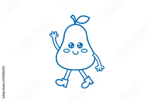A cute animated pear cheerfully walks and waves hello with a friendly smile on white