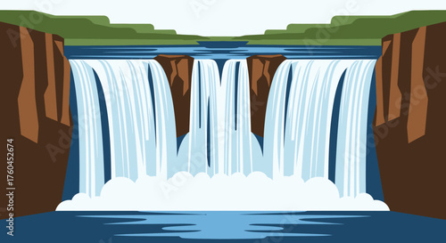 Cartoon vector waterfall illustration on landscape background
