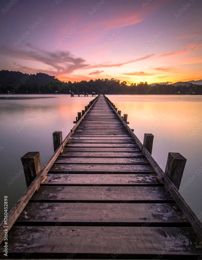 Obraz premium Wooden pier stretching to the horizon reflecting sunset colors