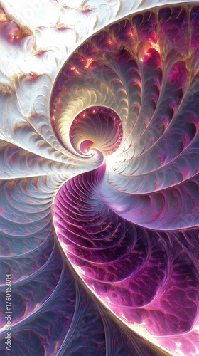 Colorful fractal spiral with flowing curves and depth in vibrant purple and pink hues. Abstract digital artwork ideal for backgrounds and creative copy space.