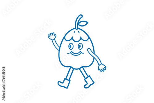 Cheerful cartoon fruit character waves while walking with boots in the blue outline