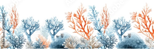 Watercolor coral reef border, no background. Good for summer themed ads