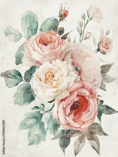 Watercolor floral bouquet painting on neutral backdrop, for wedding stationery use