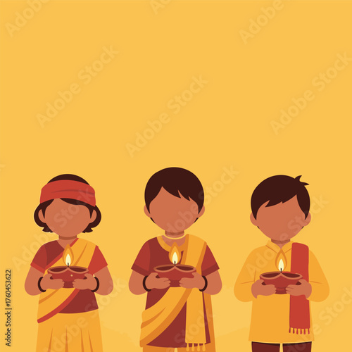 Three Indian children in traditional attire holding lit diya oil lamps for the Diwali festival.