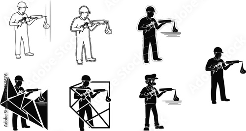 Flat vector, construction worker with paint sprayer, industrial coating, manual labor, safety helmet, craftsmanship, building repair, surface treatment, illustration
