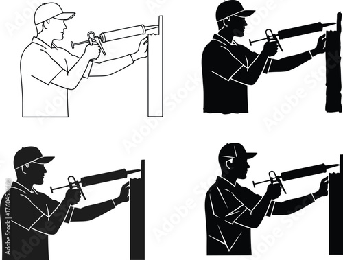 Flat vector, construction worker with caulking gun, applying sealant, manual labor, safety helmet, building repair, maintenance, craftsmanship, industrial work, illustration